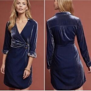 Anthropologie Maeve V-neck Deep Blue Velvet Wrap Dress Size 2